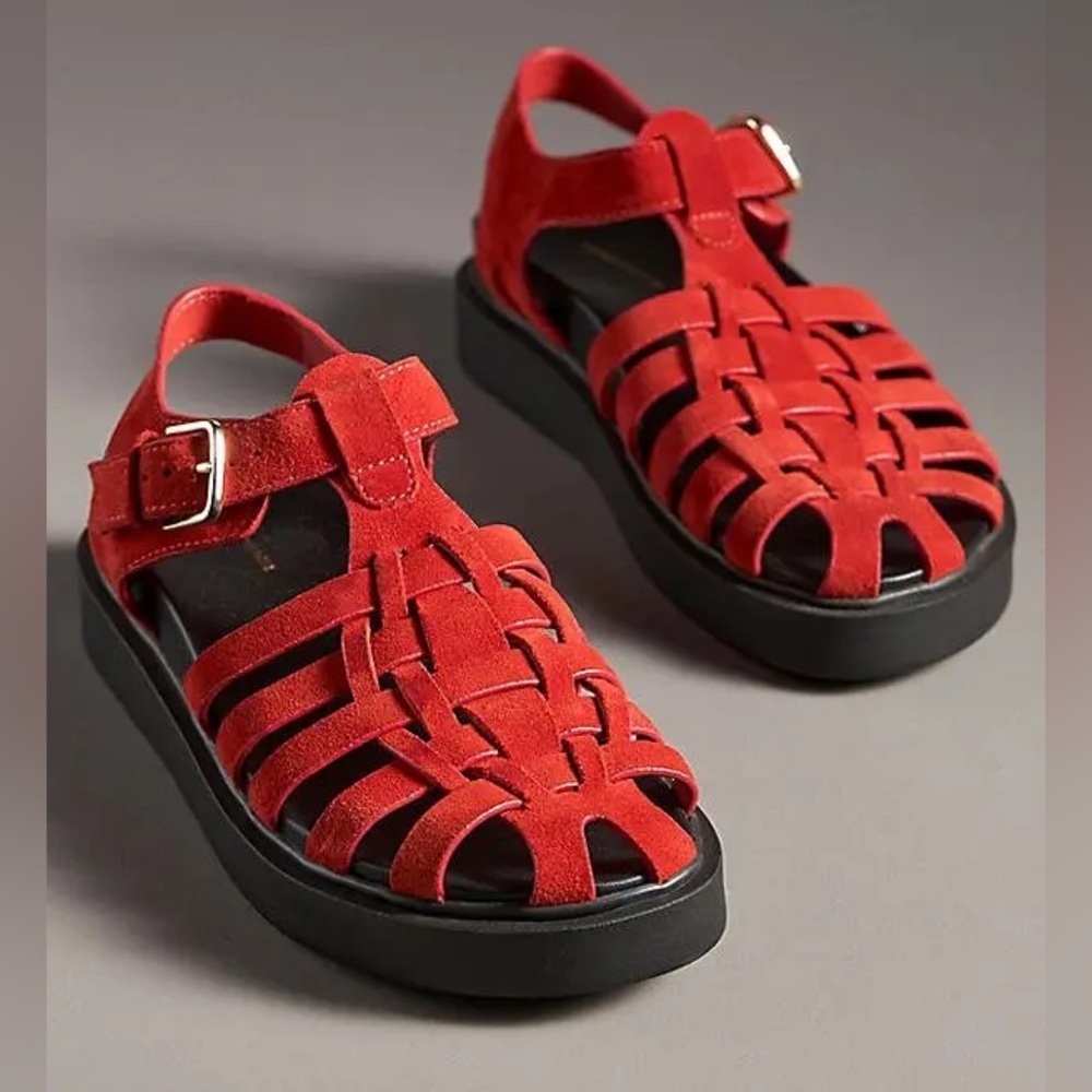 Anthropologie Red Suede Woven Fisherman Sandals